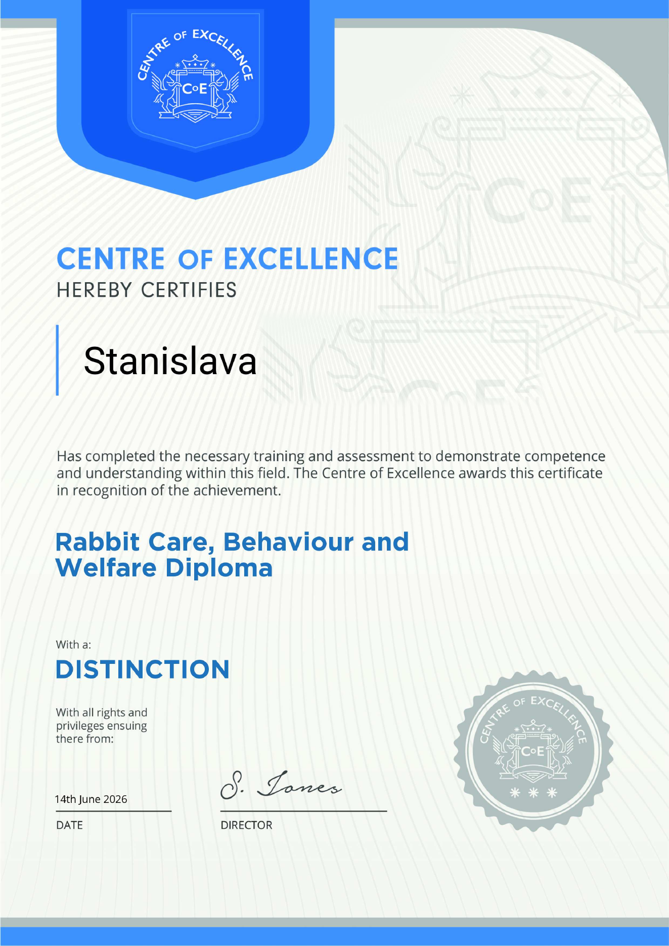 Certifikát Rabbit Care, Behaviour and Welfare Diploma